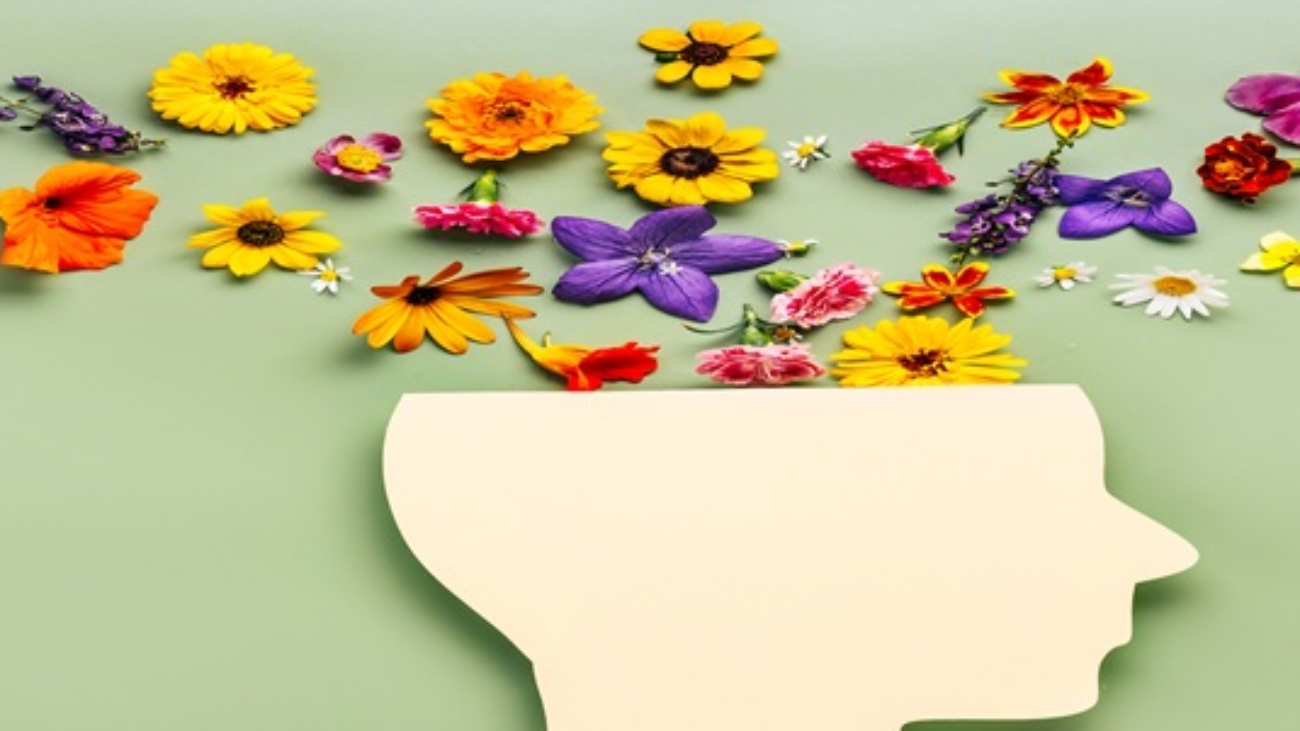 Mental health concept. Paper cut human head symbol and flowers on a green background