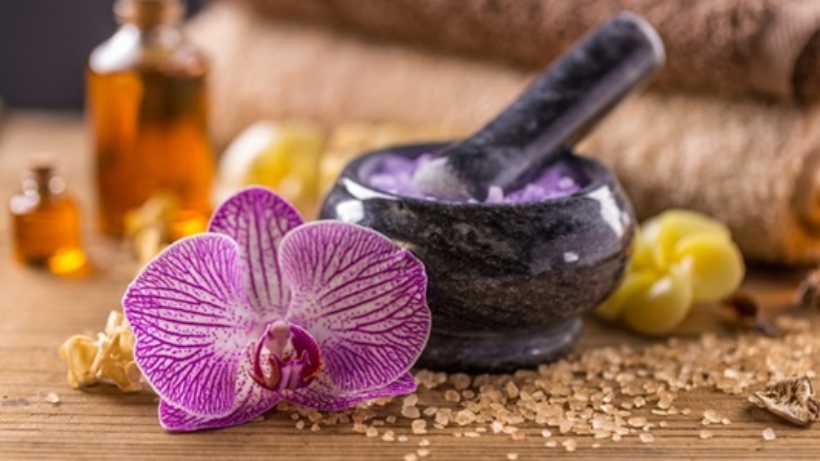 Lavender salt in mortar, spa concept